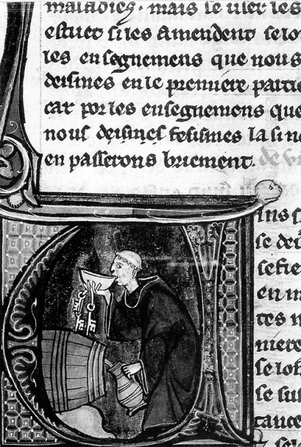 Монах снимает пробу в пивном погребе. Иллюстрация к рукописи XIII века.
